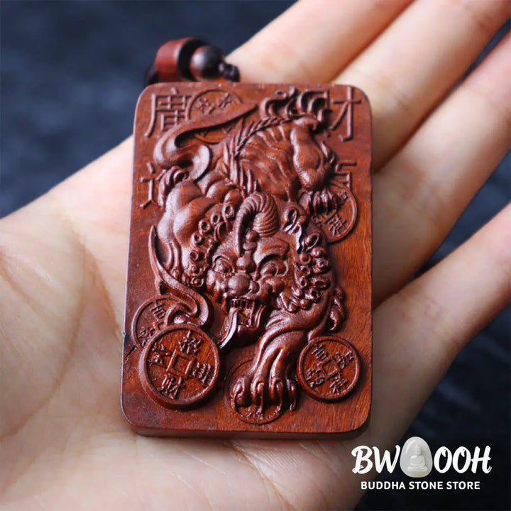 Buddha Stones Natural Lightning Struck Jujube Wood PiXiu Copper Coin Good Fortune Necklace Pendant - BWOOOH - Lightning