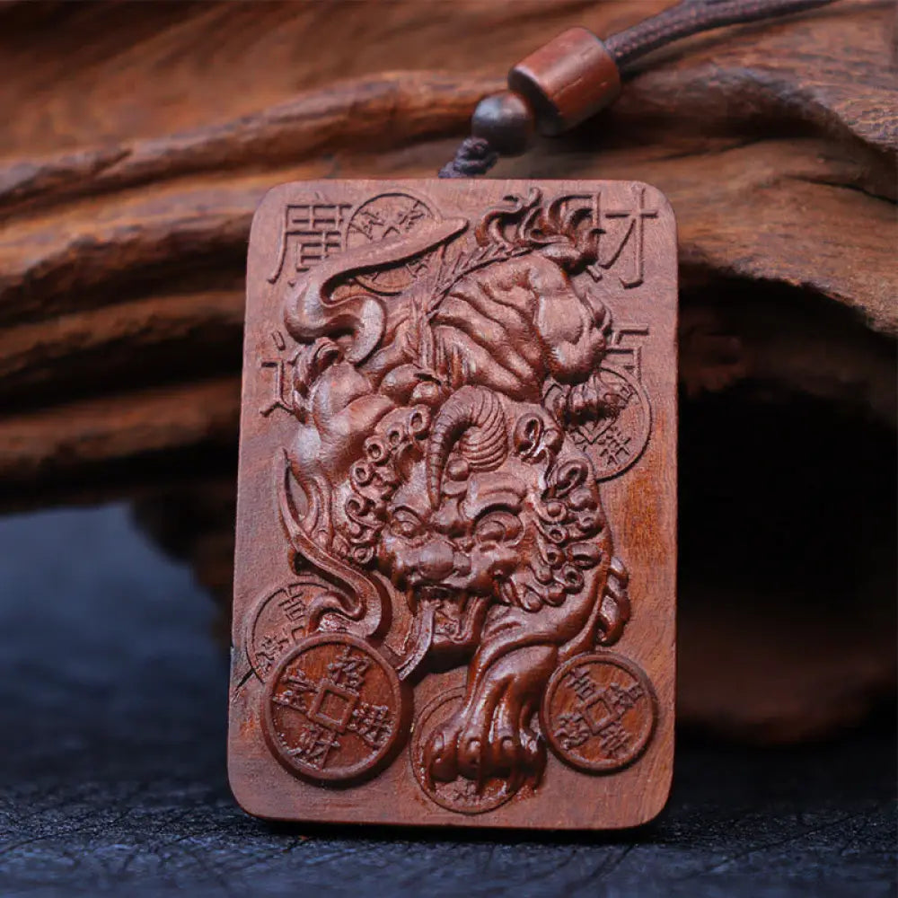 Buddha Stones Natural Lightning Struck Jujube Wood PiXiu Copper Coin Good Fortune Necklace Pendant - BWOOOH - Lightning