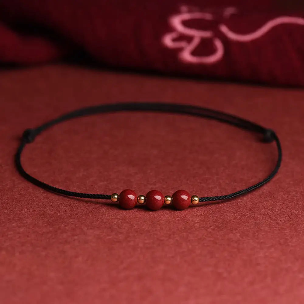 Buddha Stones Natural Lucky Cinnabar Bead Blessing String Bracelet Anklet - BWOOOH - Three Cinnabar Bead / Black