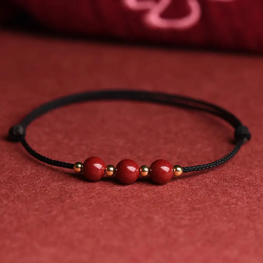 Buddha Stones Natural Lucky Cinnabar Bead Blessing String Bracelet Anklet - BWOOOH - Three Cinnabar Bead / Black