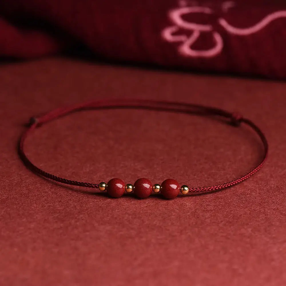 Buddha Stones Natural Lucky Cinnabar Bead Blessing String Bracelet Anklet - BWOOOH - Three Cinnabar Bead / Dark Red