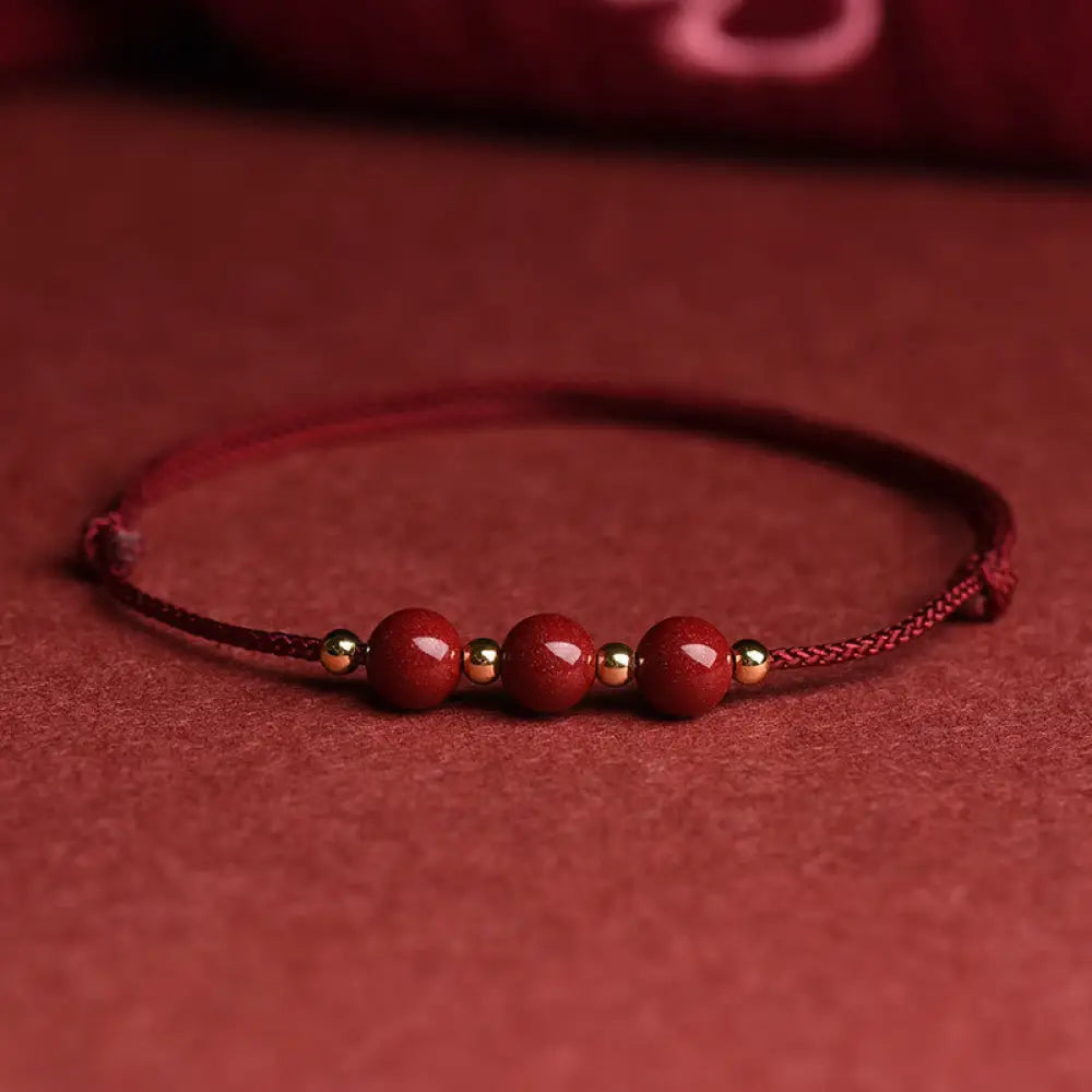 Buddha Stones Natural Lucky Cinnabar Bead Blessing String Bracelet Anklet - BWOOOH - Three Cinnabar Bead / Dark Red