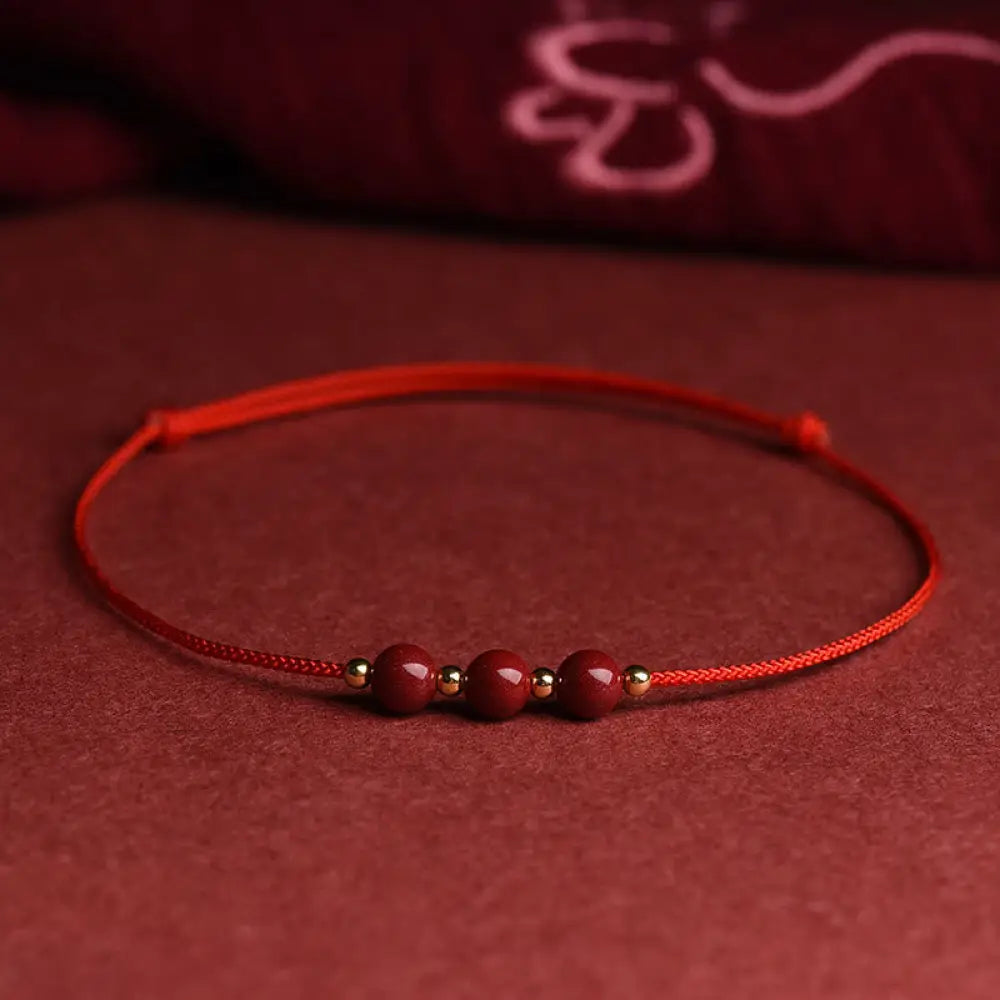 Buddha Stones Natural Lucky Cinnabar Bead Blessing String Bracelet Anklet - BWOOOH - Three Cinnabar Bead / Red