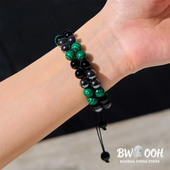 Buddha Stones Natural Malachite Black Magnetite Black Obsidian Double Row Beads Anti-Anxiety Bracelet - BWOOOH