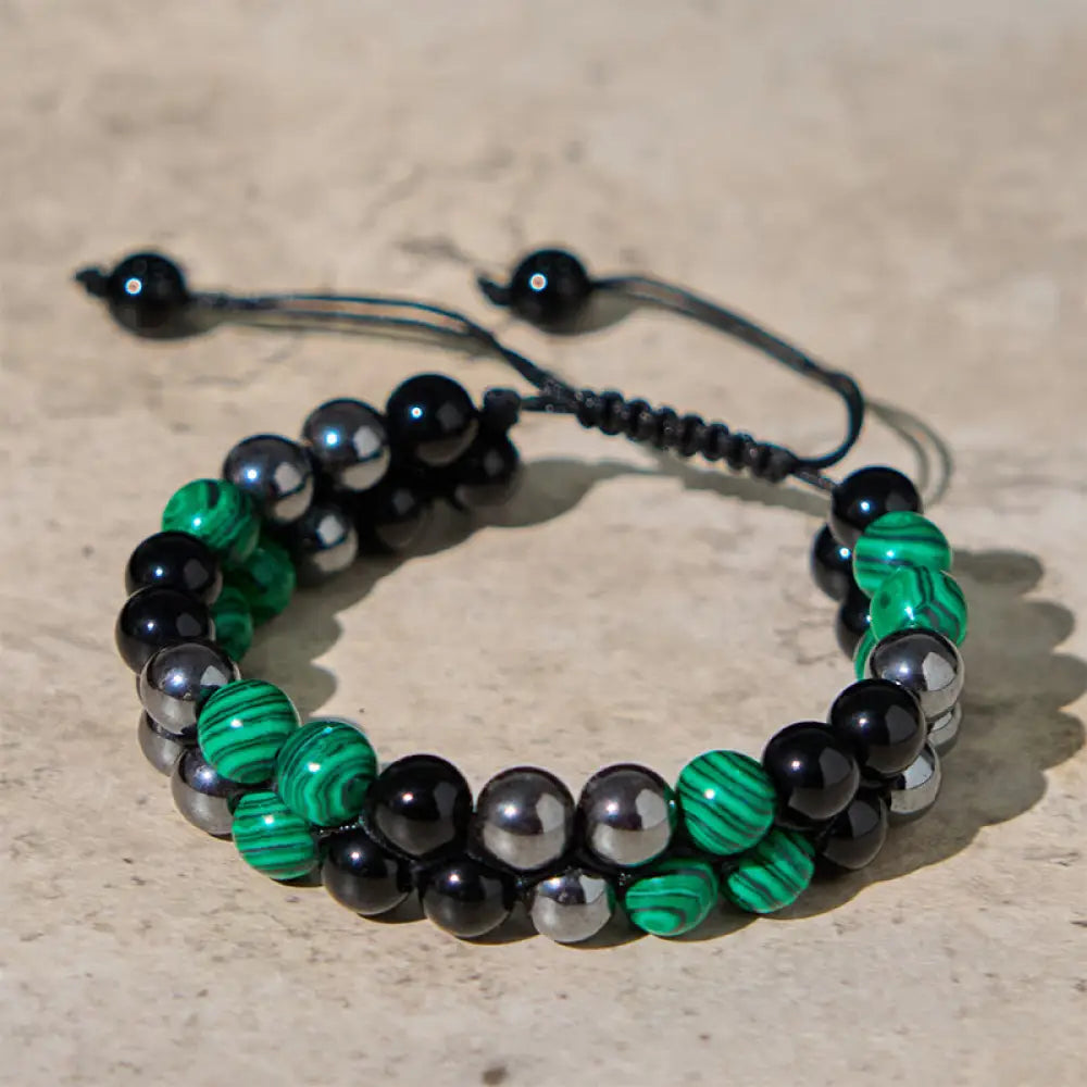 BWOOOH Natural Malachite Black Magnetite Black Obsidian Double Row Beads Anti-Anxiety Bracelet — Malachite black obsidian ...
