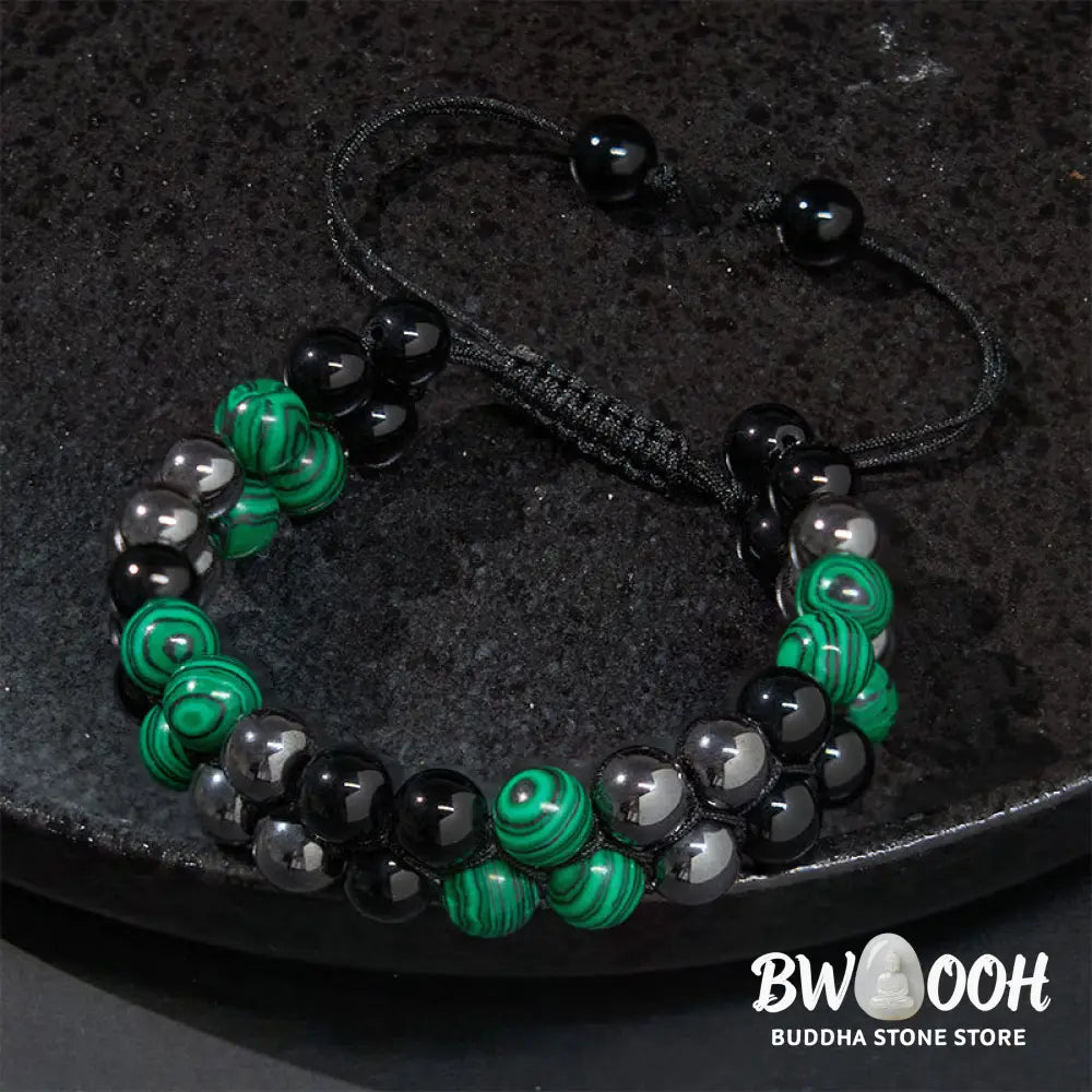 Buddha Stones Natural Malachite Black Magnetite Black Obsidian Double Row Beads Anti-Anxiety Bracelet - BWOOOH