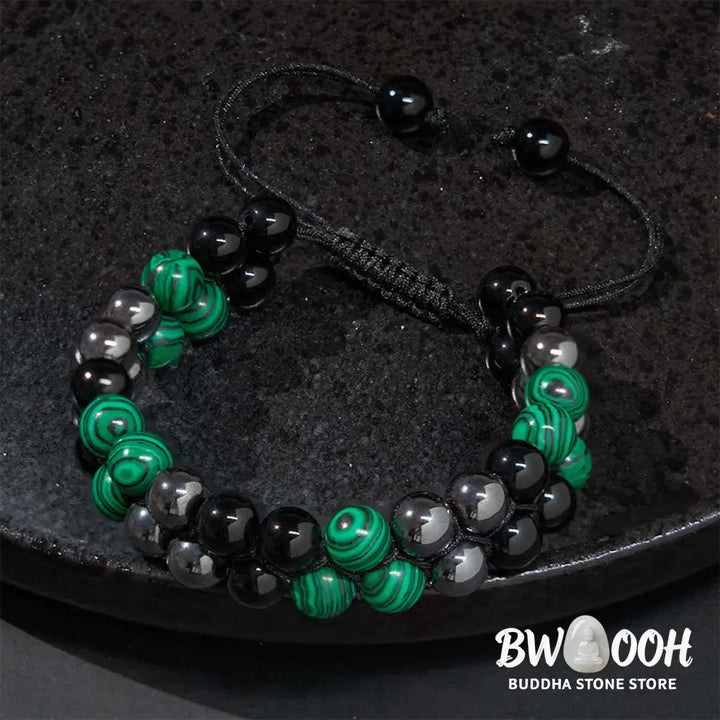 Buddha Stones Natural Malachite Black Magnetite Black Obsidian Double Row Beads Anti-Anxiety Bracelet - BWOOOH
