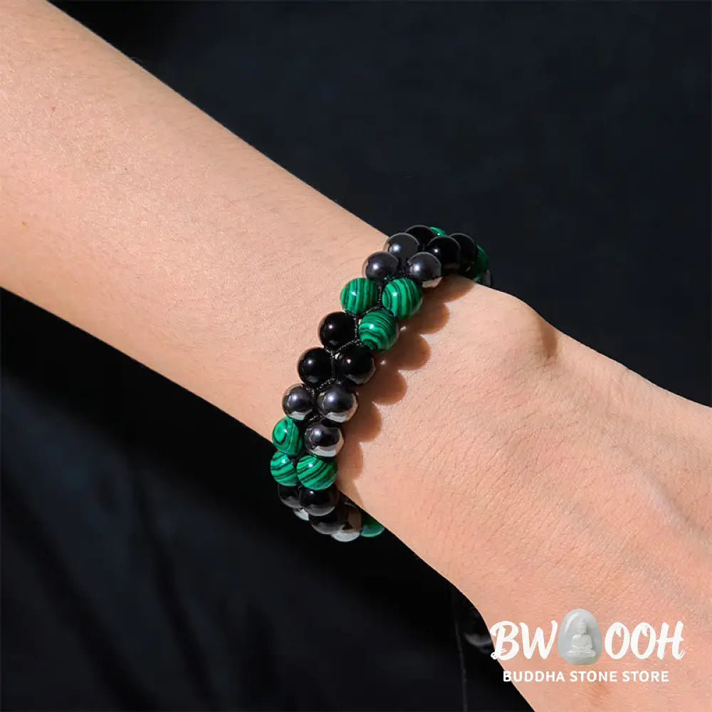 Buddha Stones Natural Malachite Black Magnetite Black Obsidian Double Row Beads Anti-Anxiety Bracelet - BWOOOH