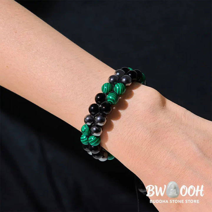 Buddha Stones Natural Malachite Black Magnetite Black Obsidian Double Row Beads Anti-Anxiety Bracelet - BWOOOH