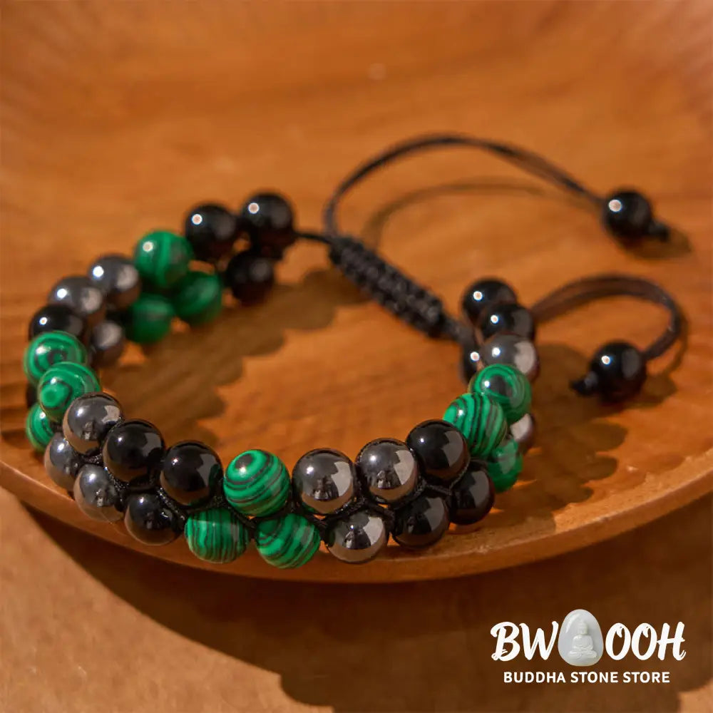 Buddha Stones Natural Malachite Black Magnetite Black Obsidian Double Row Beads Anti-Anxiety Bracelet - BWOOOH