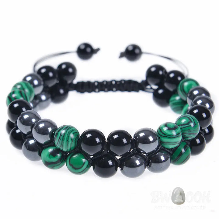 Buddha Stones Natural Malachite Black Magnetite Black Obsidian Double Row Beads Anti-Anxiety Bracelet - BWOOOH