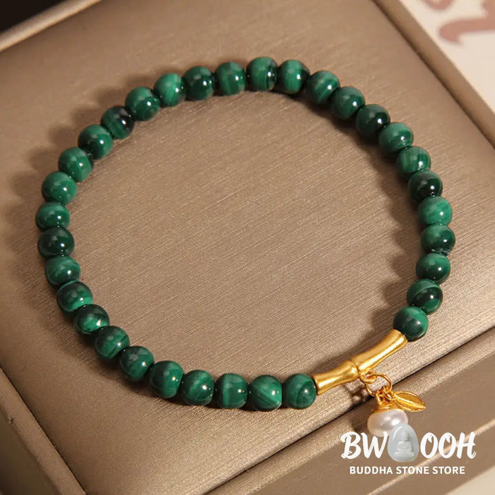 Buddha Stones Natural Malachite Pearl Lucky Bamboo Anti-Anxiety Bracelet - BWOOOH - 5mm Malachite(Wrist Circumference: