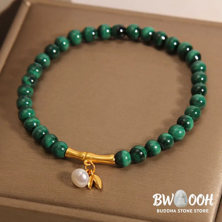 Buddha Stones Natural Malachite Pearl Lucky Bamboo Anti-Anxiety Bracelet - BWOOOH - 5mm Malachite(Wrist Circumference: