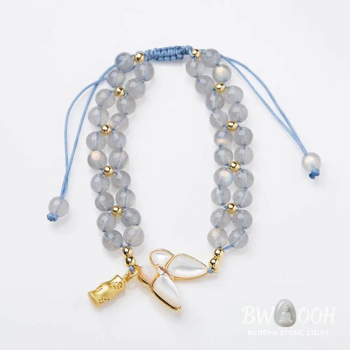 Buddha Stones Natural Moonstone Butterfly Bamboo Healing String Bracelet - BWOOOH - Moonstone(Wrist Circumference: