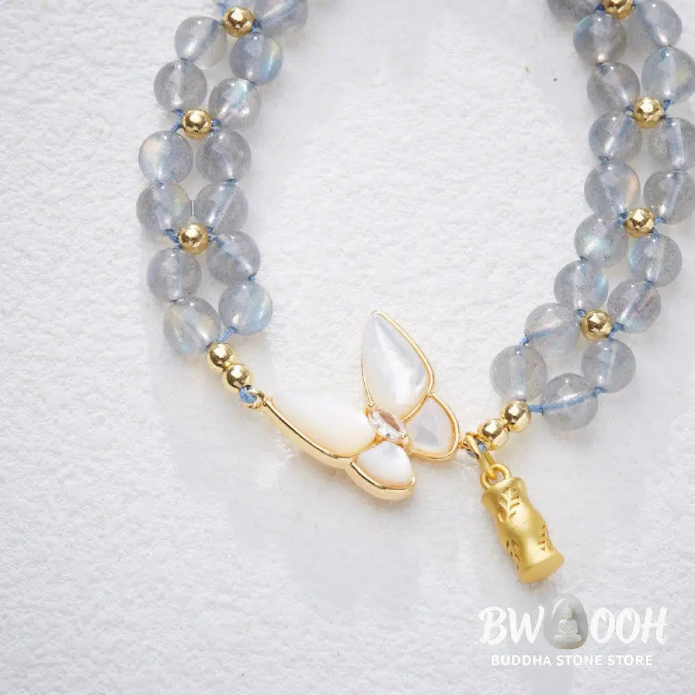 Buddha Stones Natural Moonstone Butterfly Bamboo Healing String Bracelet - BWOOOH - Moonstone(Wrist Circumference:
