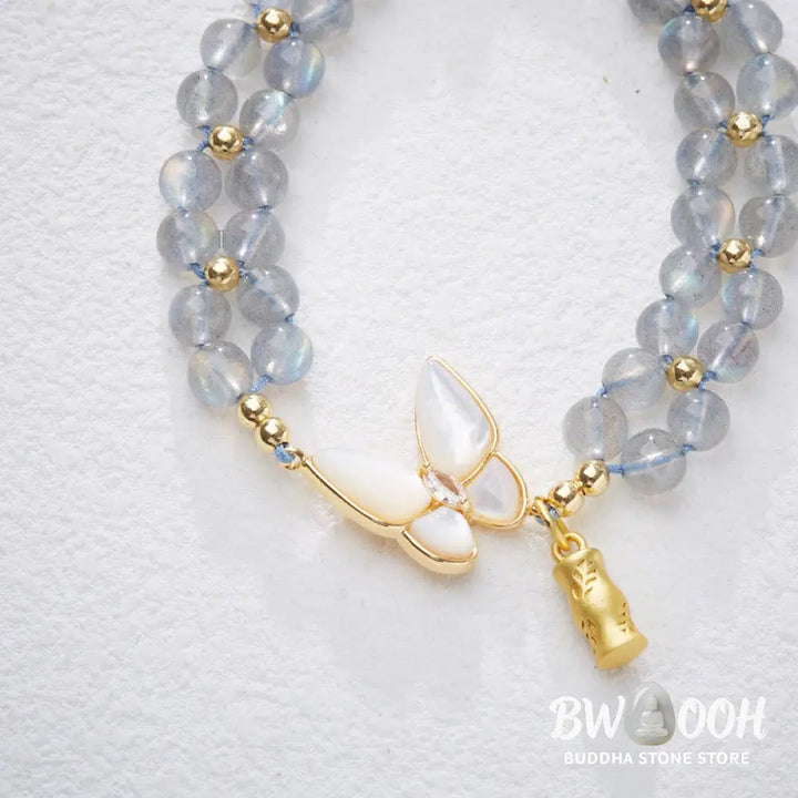 Buddha Stones Natural Moonstone Butterfly Bamboo Healing String Bracelet - BWOOOH - Moonstone(Wrist Circumference: