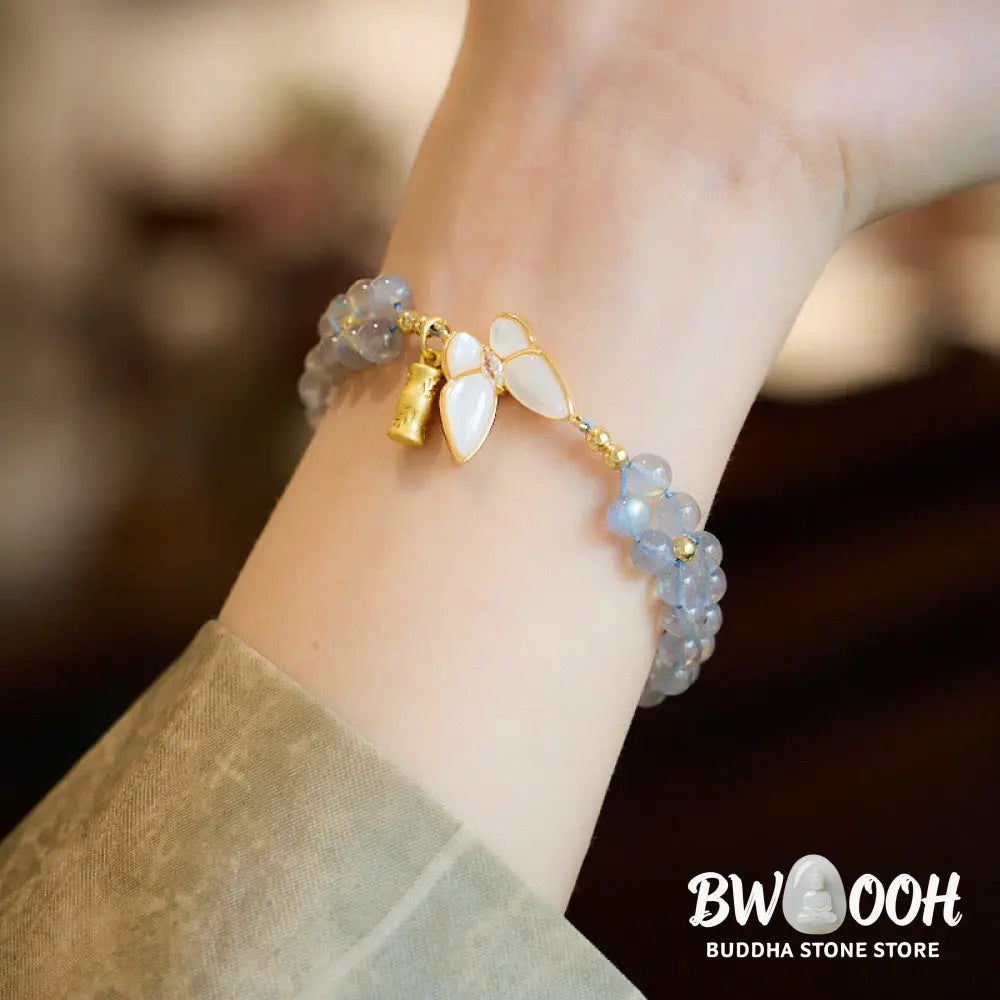 Buddha Stones Natural Moonstone Butterfly Bamboo Healing String Bracelet - BWOOOH - Moonstone(Wrist Circumference: