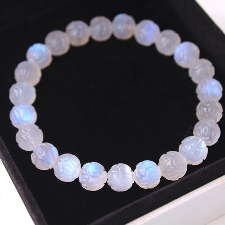 Buddha Stones Natural Moonstone Lotus Love Bracelet - 10mm - Bracelet