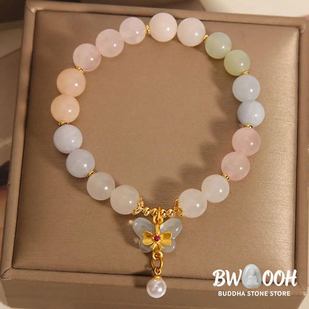 Buddha Stones Natural Morganite Confidence Butterfly Charm Bracelet - BWOOOH - Morganite(Wrist Circumference 14-16cm)