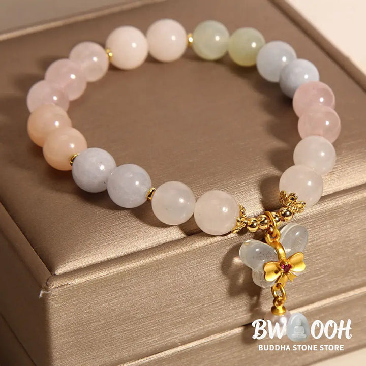 Buddha Stones Natural Morganite Confidence Butterfly Charm Bracelet - BWOOOH - Morganite(Wrist Circumference 14-16cm)
