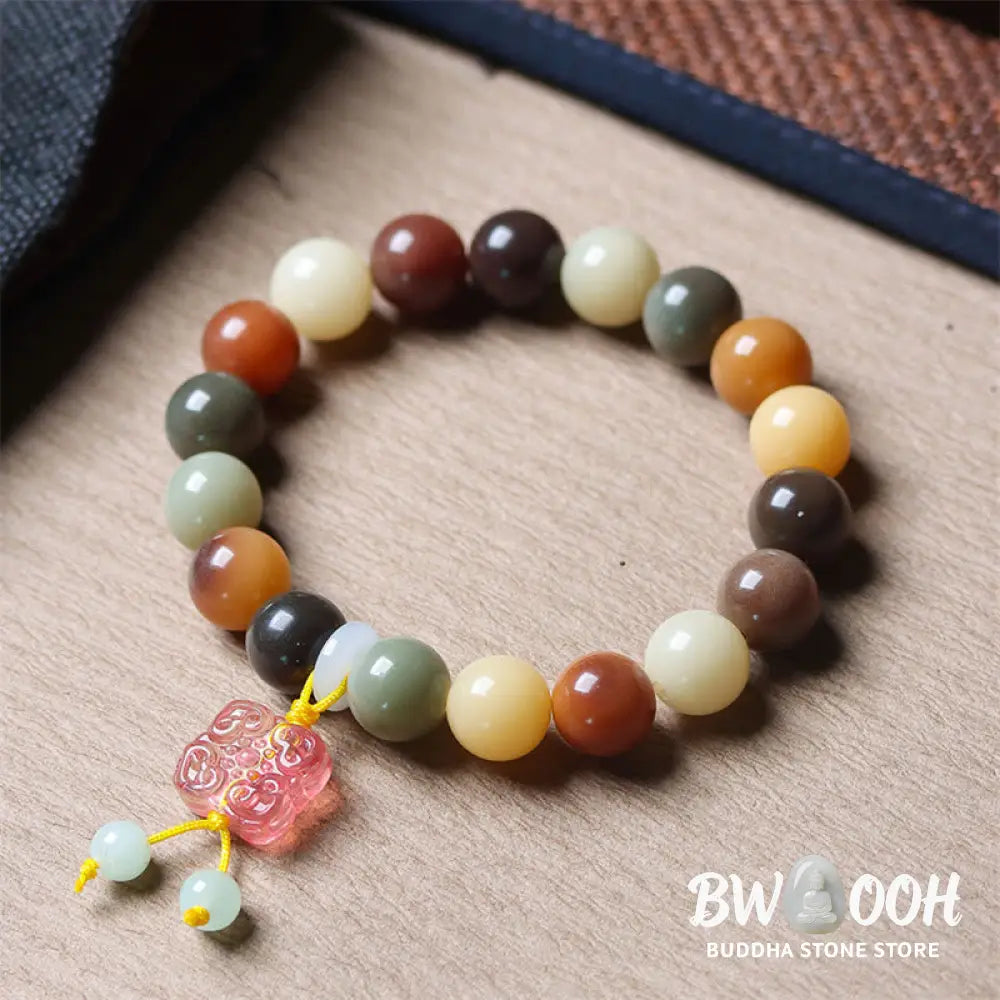 Buddha Stones Natural Multicolored Gradient Bodhi Seed Liuli Glass Charm Peace Bracelet - BWOOOH - Bracelet