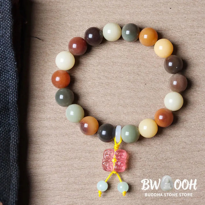 Buddha Stones Natural Multicolored Gradient Bodhi Seed Liuli Glass Charm Peace Bracelet - BWOOOH - Bracelet