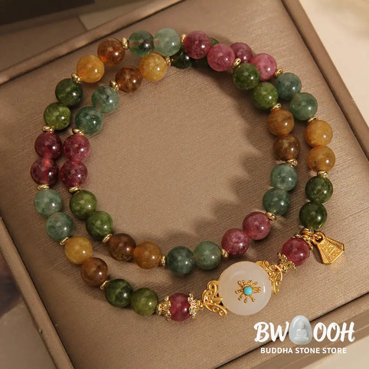 Buddha Stones Natural Multicolored Tourmaline Positive Jade Flower Double Wrap Bracelet - BWOOOH