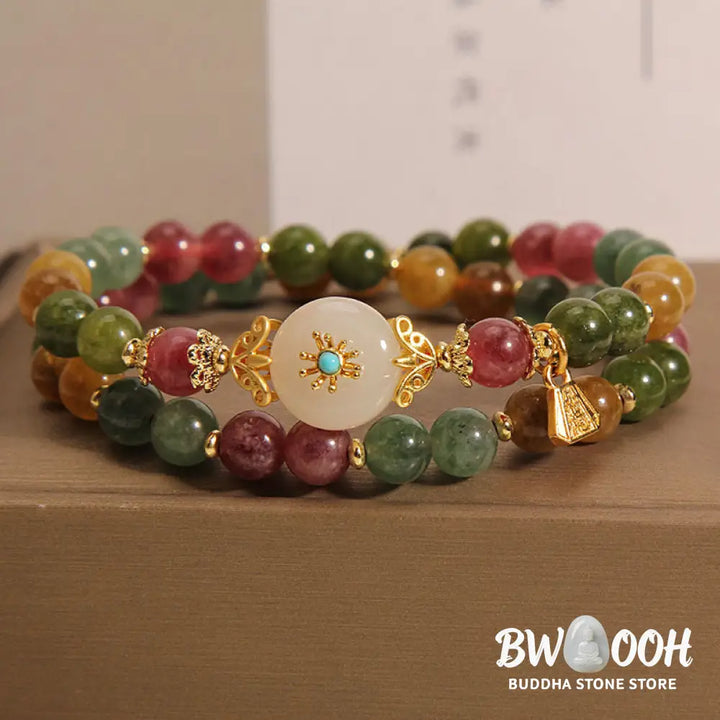 Buddha Stones Natural Multicolored Tourmaline Positive Jade Flower Double Wrap Bracelet - BWOOOH
