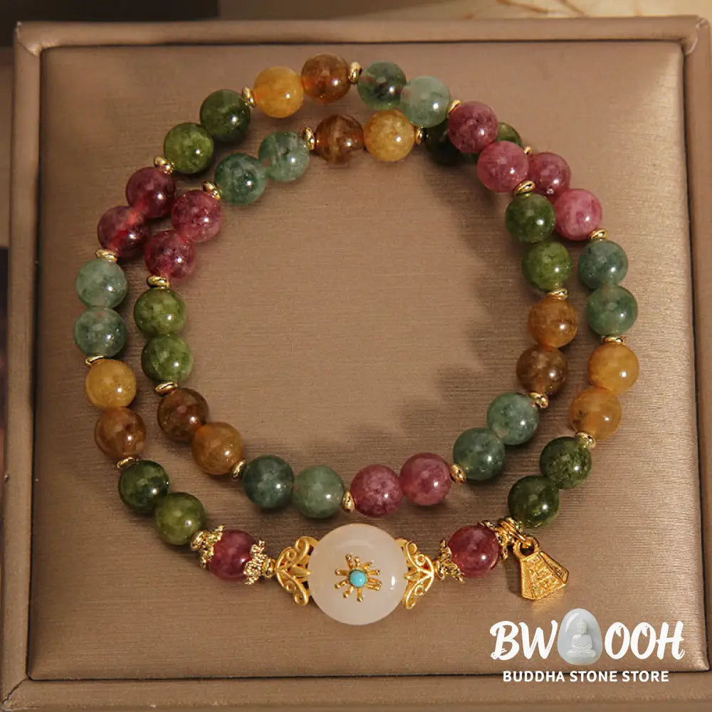Buddha Stones Natural Multicolored Tourmaline Positive Jade Flower Double Wrap Bracelet - BWOOOH