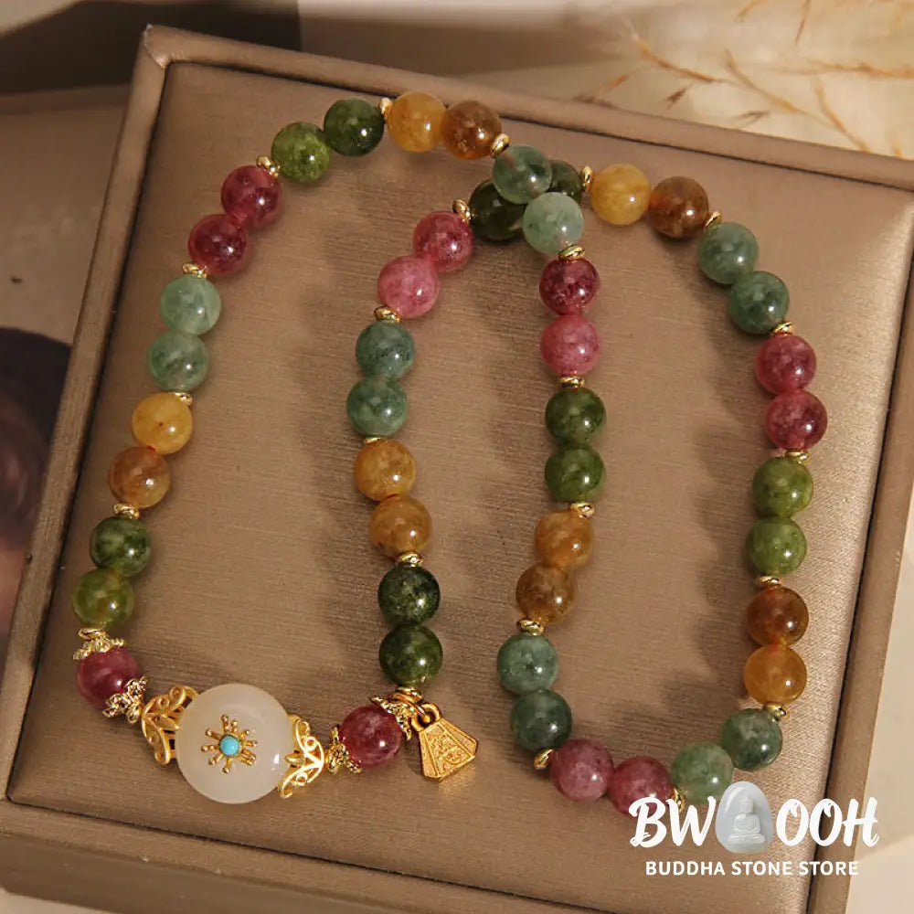 Buddha Stones Natural Multicolored Tourmaline Positive Jade Flower Double Wrap Bracelet - BWOOOH