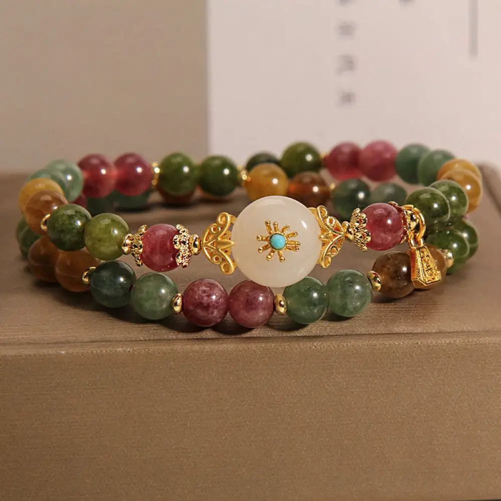 BWOOOH Natural Multicolored Tourmaline Positive Jade Flower Double Wrap Bracelet - BWOOOH