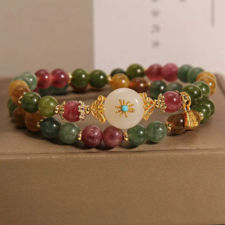 BWOOOH Natural Multicolored Tourmaline Positive Jade Flower Double Wrap Bracelet - BWOOOH
