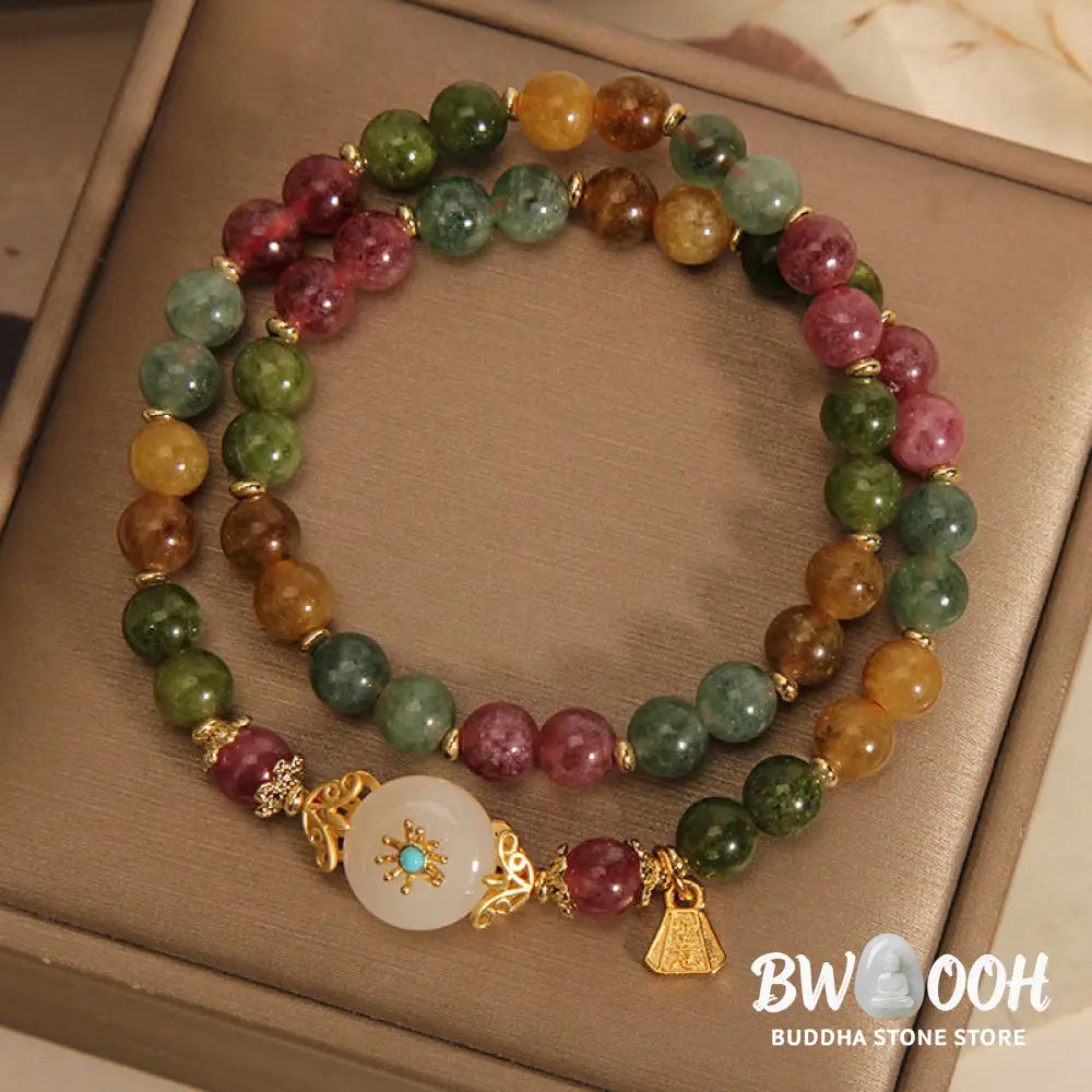 Buddha Stones Natural Multicolored Tourmaline Positive Jade Flower Double Wrap Bracelet - BWOOOH