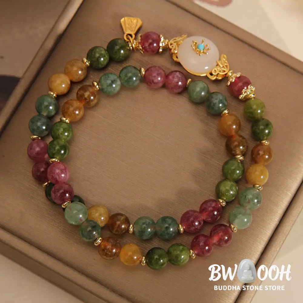 Buddha Stones Natural Multicolored Tourmaline Positive Jade Flower Double Wrap Bracelet - BWOOOH