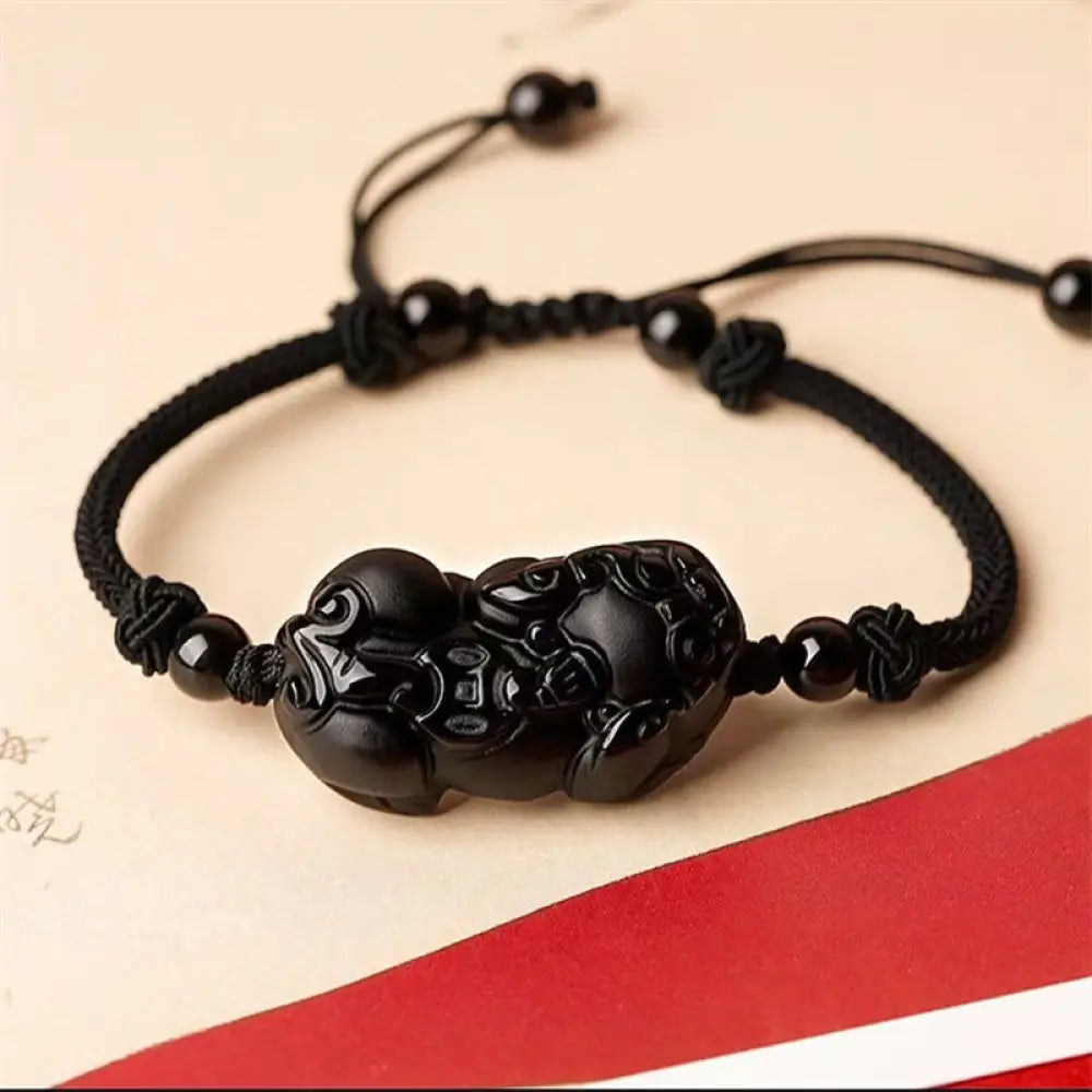 Buddha Stones Natural Obsidian Amethyst Citrine PiXiu Cooper Coin Wealth Bracelet - BWOOOH - Black