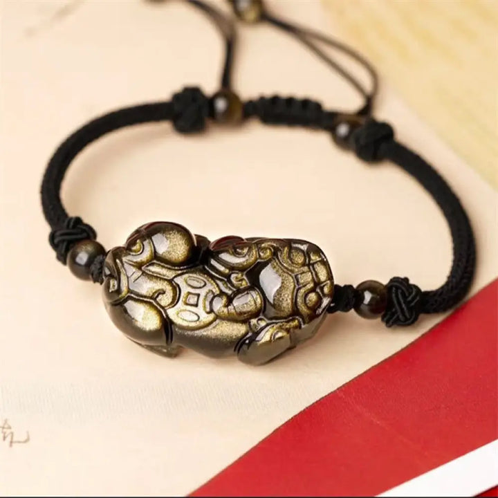BWOOOH Natural Obsidian Amethyst Citrine PiXiu Cooper Coin Wealth Bracelet - BWOOOH - Gold Sheen Obsidian