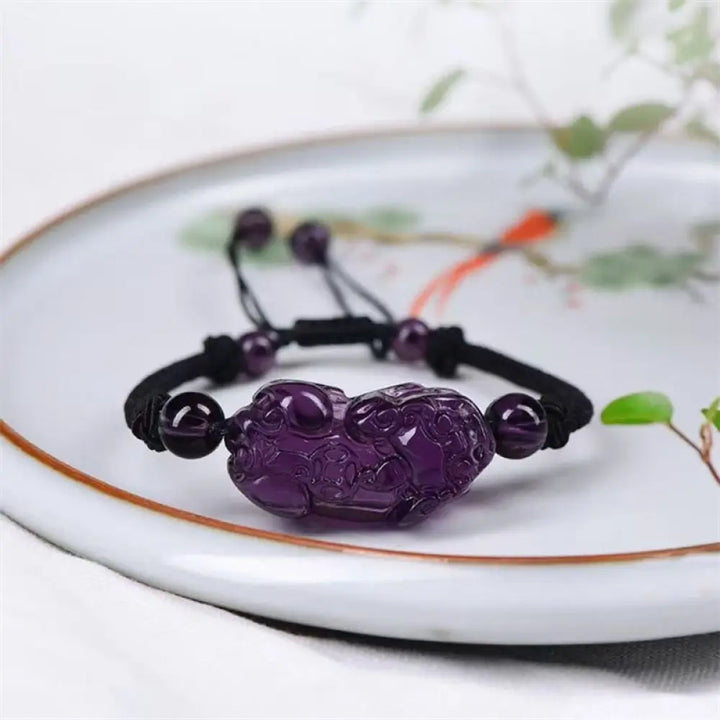 Buddha Stones Natural Obsidian Amethyst Citrine PiXiu Cooper Coin Wealth Bracelet - BWOOOH - Amethyst(Inner