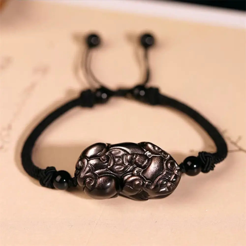 Buddha Stones Natural Obsidian Amethyst Citrine PiXiu Cooper Coin Wealth Bracelet - BWOOOH - Silver Sheen