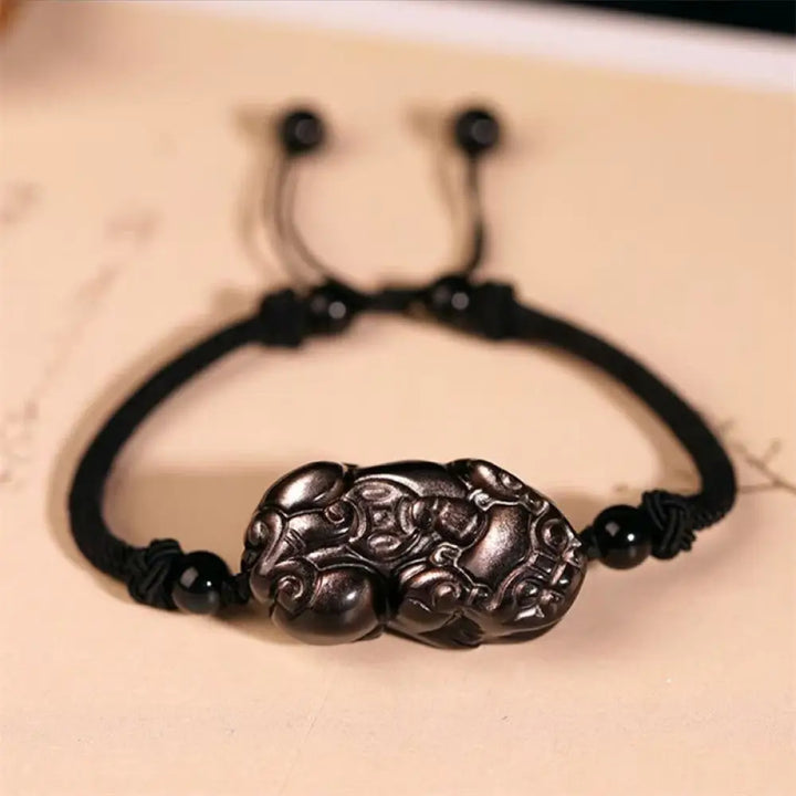 Buddha Stones Natural Obsidian Amethyst Citrine PiXiu Cooper Coin Wealth Bracelet - BWOOOH - Silver Sheen