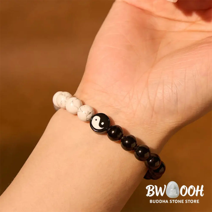 Buddha Stones Natural Obsidian White Turquoise Yinyang Tai Chi Strength Bracelet - BWOOOH - Obsidian White