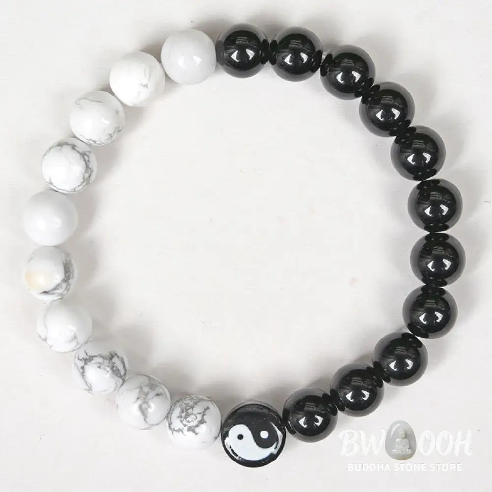 Buddha Stones Natural Obsidian White Turquoise Yinyang Tai Chi Strength Bracelet - BWOOOH - Obsidian White