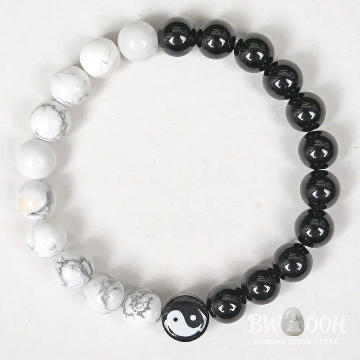 Buddha Stones Natural Obsidian White Turquoise Yinyang Tai Chi Strength Bracelet - BWOOOH - Obsidian White