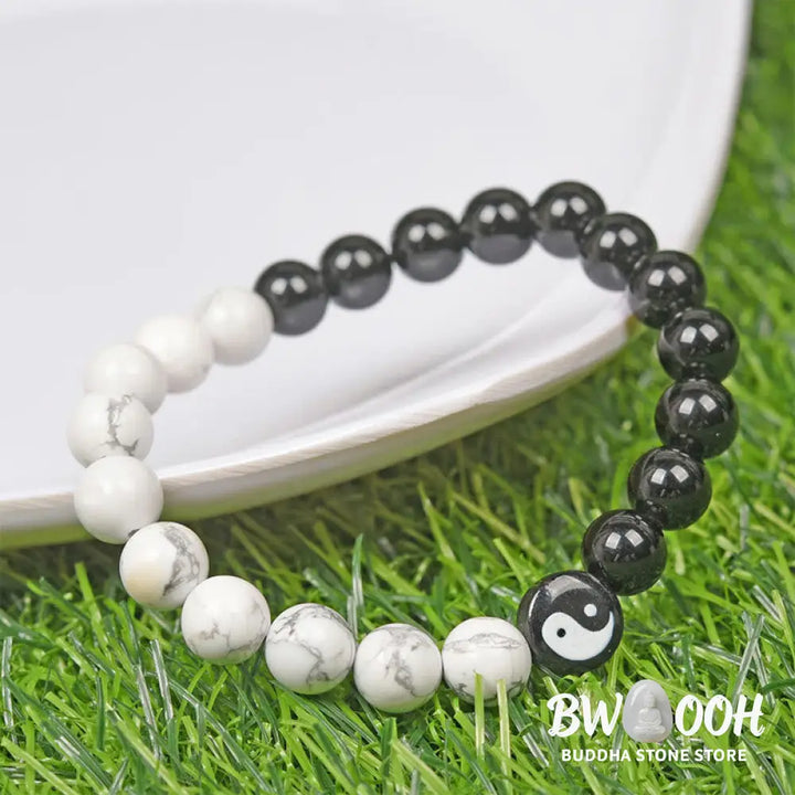 Buddha Stones Natural Obsidian White Turquoise Yinyang Tai Chi Strength Bracelet - BWOOOH - Obsidian White