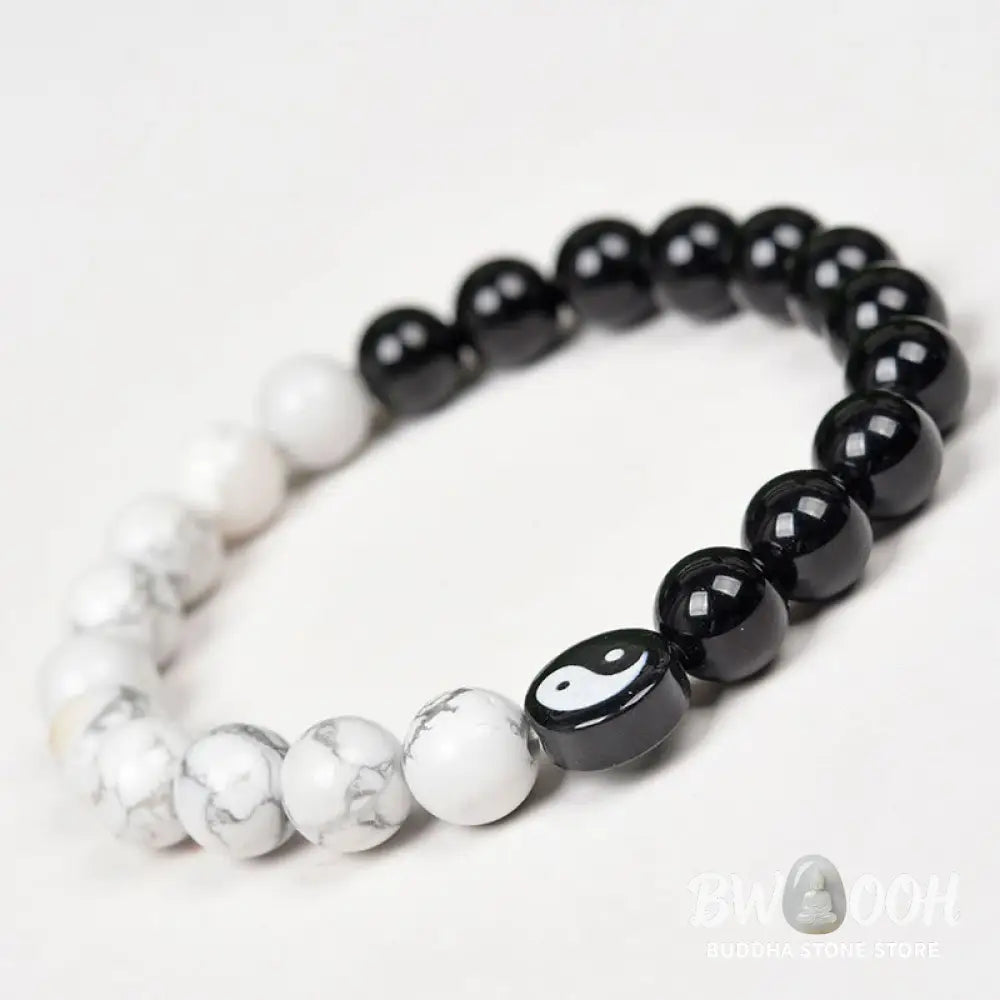 Buddha Stones Natural Obsidian White Turquoise Yinyang Tai Chi Strength Bracelet - BWOOOH - Obsidian White