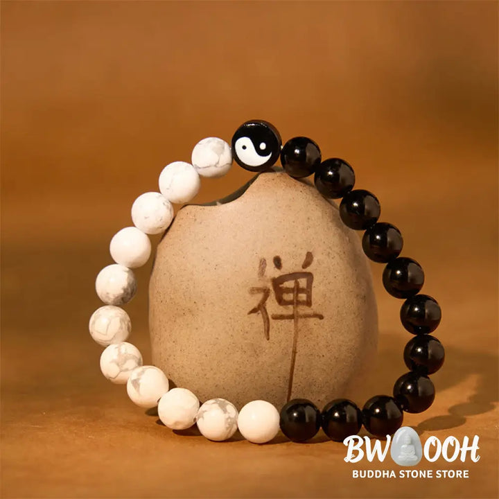 Buddha Stones Natural Obsidian White Turquoise Yinyang Tai Chi Strength Bracelet - BWOOOH - Obsidian White