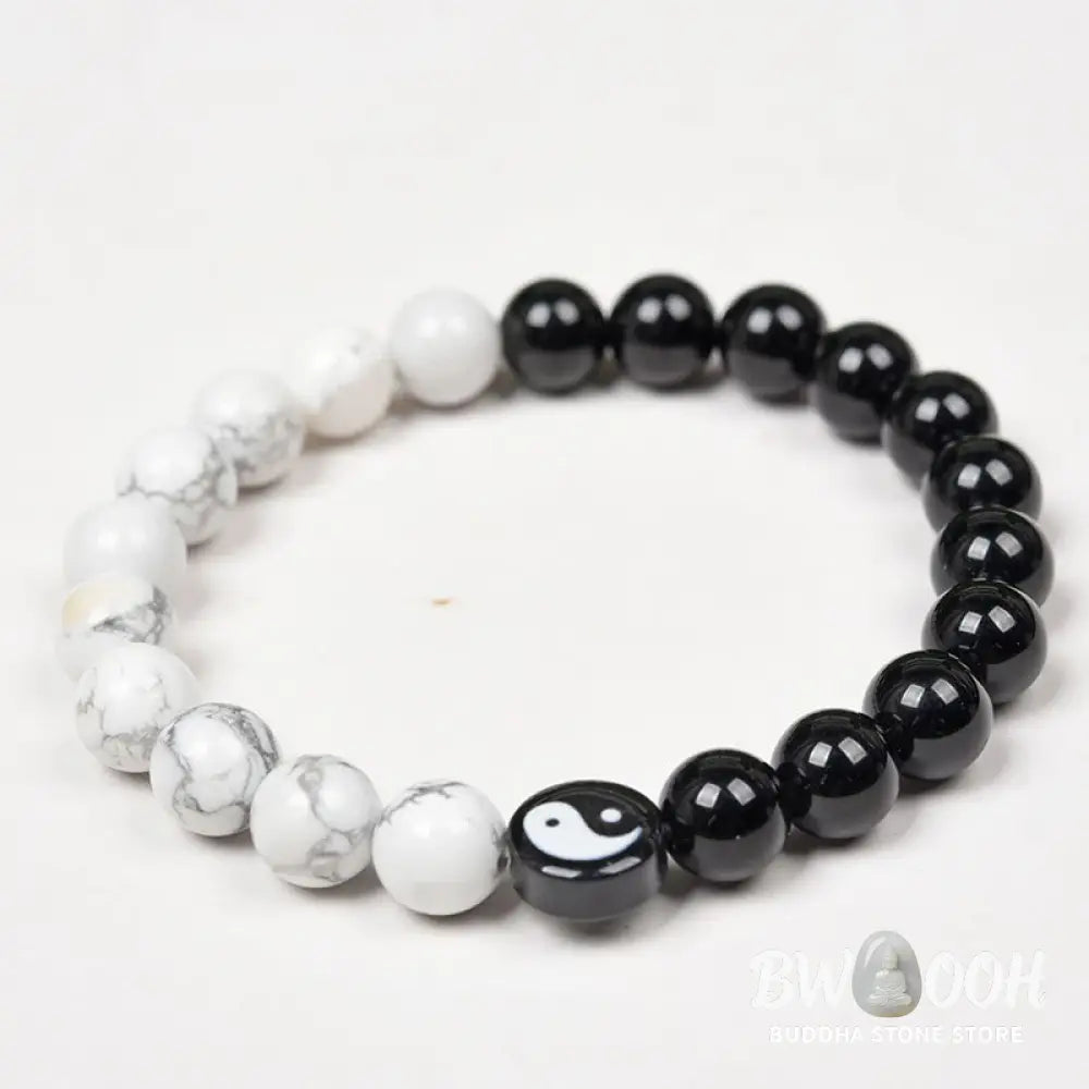 Buddha Stones Natural Obsidian White Turquoise Yinyang Tai Chi Strength Bracelet - BWOOOH - Obsidian White