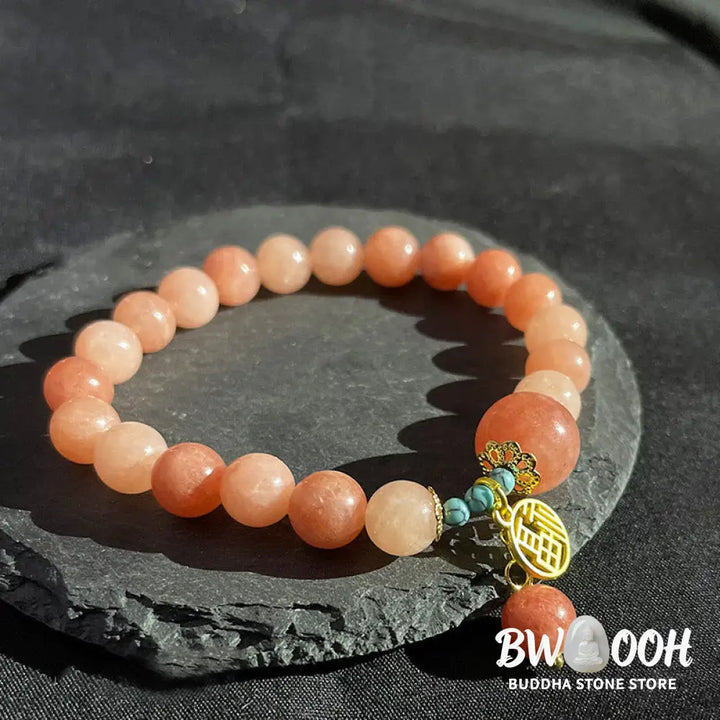 Buddha Stones Natural Orange Stone Turquoise Fu Character Charm Luck Fortune Bracelet - BWOOOH - Natural Stone(Wrist