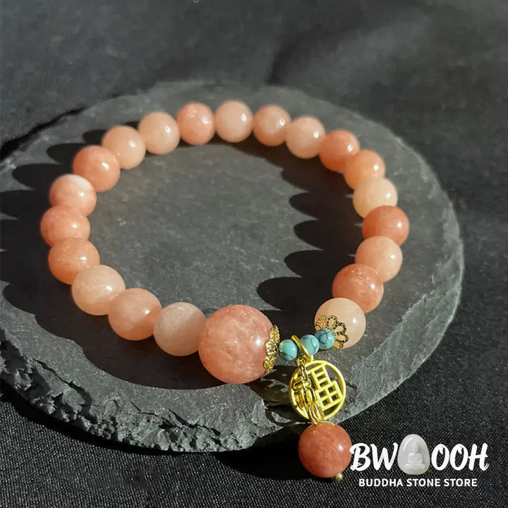 Buddha Stones Natural Orange Stone Turquoise Fu Character Charm Luck Fortune Bracelet - BWOOOH - Natural Stone(Wrist