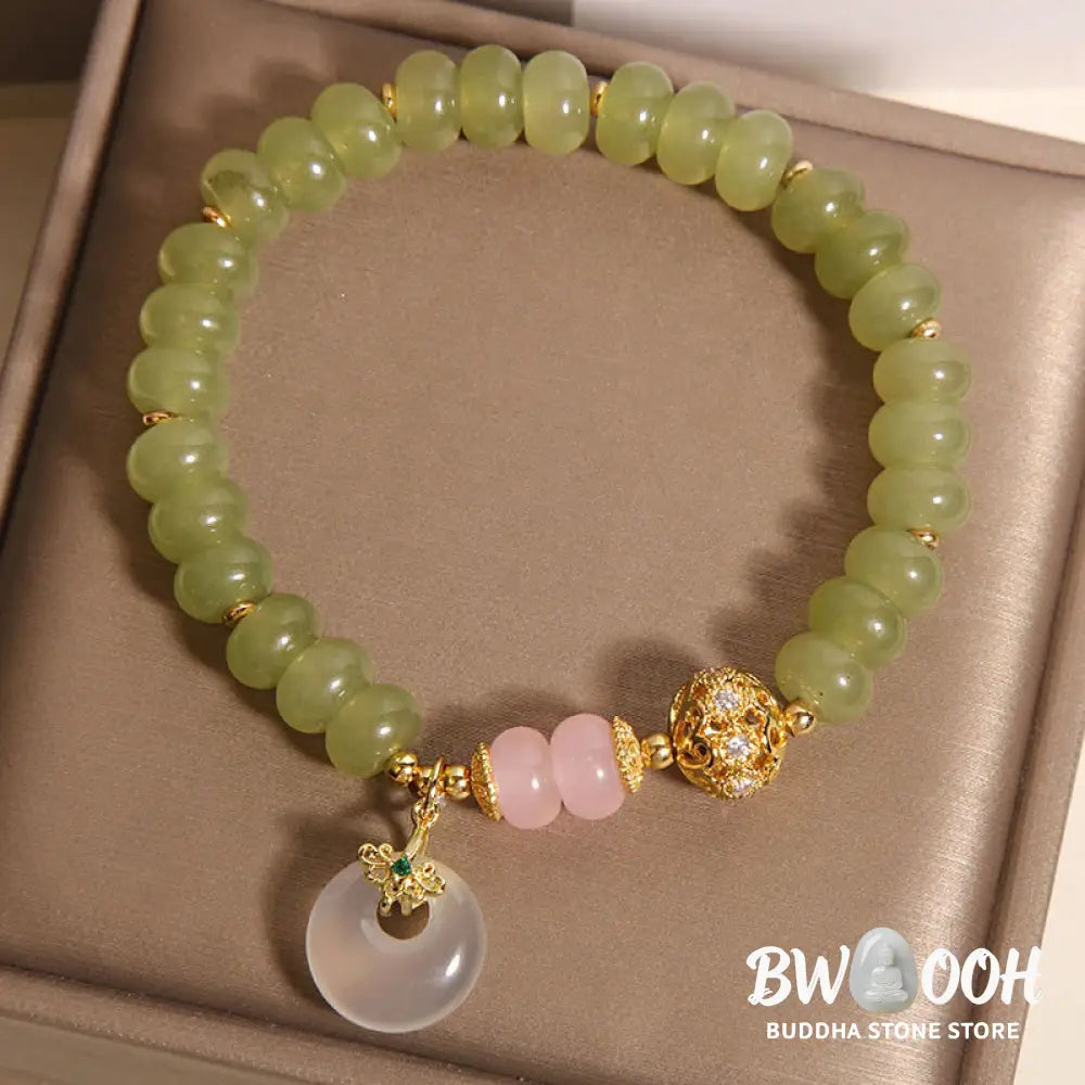 Buddha Stones Natural Peace Buckle Meaning Jade Rose Quartz Luck Bracelet - Jade(Wrist Circumference:15-17cm) - Bracelet