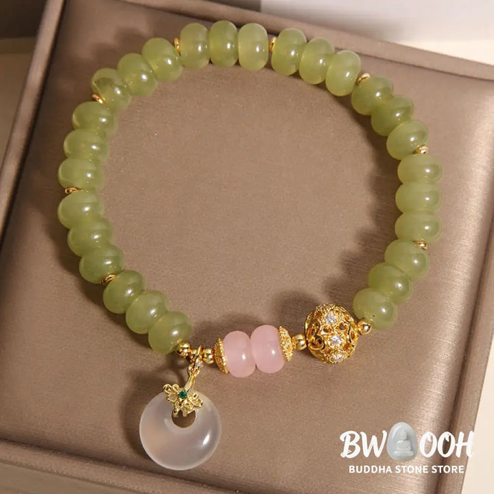 Buddha Stones Natural Peace Buckle Meaning Jade Rose Quartz Luck Bracelet - Jade(Wrist Circumference:15-17cm) - Bracelet
